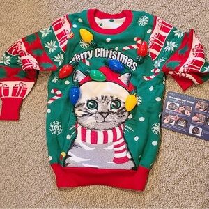Unisex kids size 5-6 Cat Christmas Sweater with LED lights with 6 modes